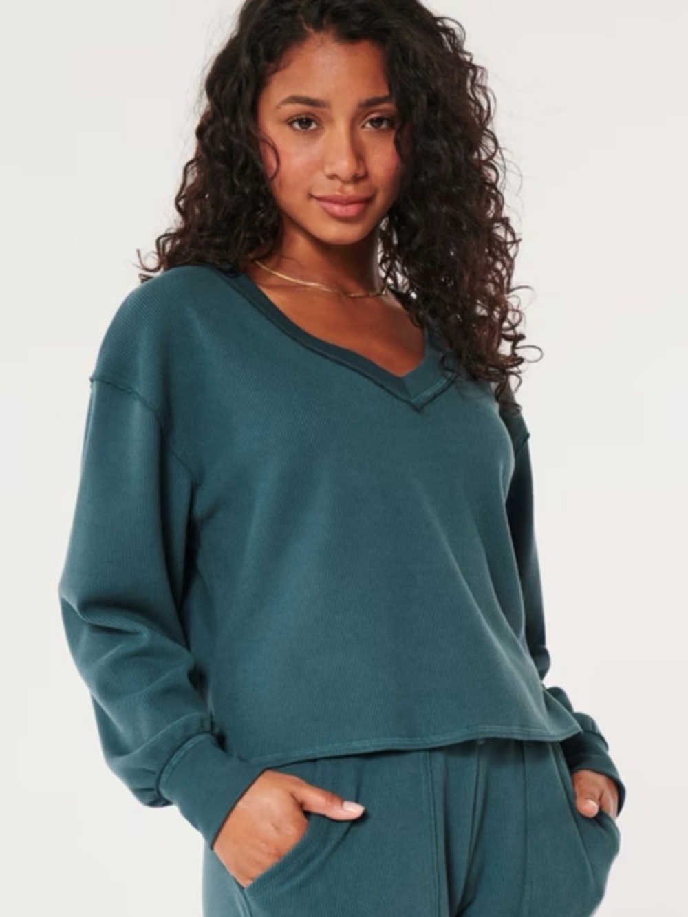 HOLLISTER Gilly Hicks Waffle Thermal V-Neck Size Large Deep Teal